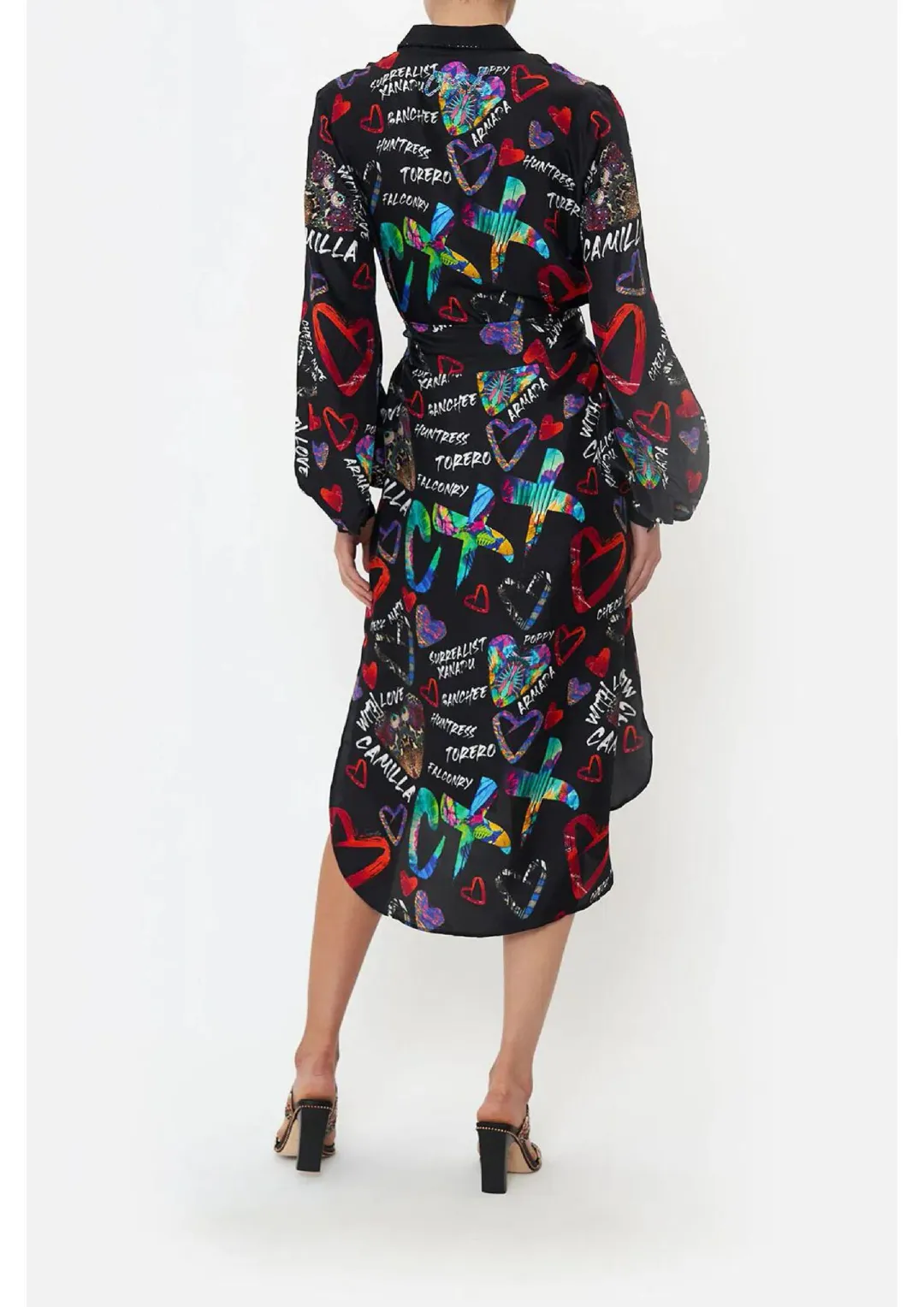 Camilla Tagged Up High Low Midi Shirt Dress Black Print Size M / AU 12 for rent on The Volte - main image