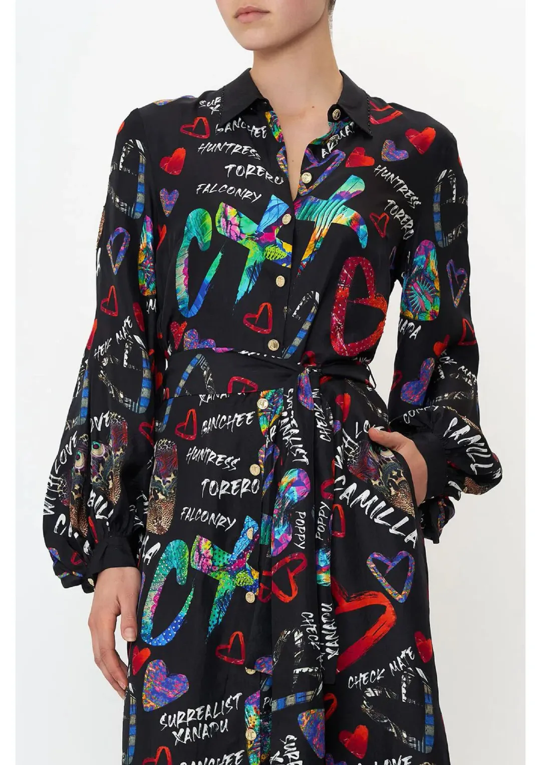 Camilla Tagged Up High Low Midi Shirt Dress Black Print Size M / AU 12 for rent on The Volte - main image