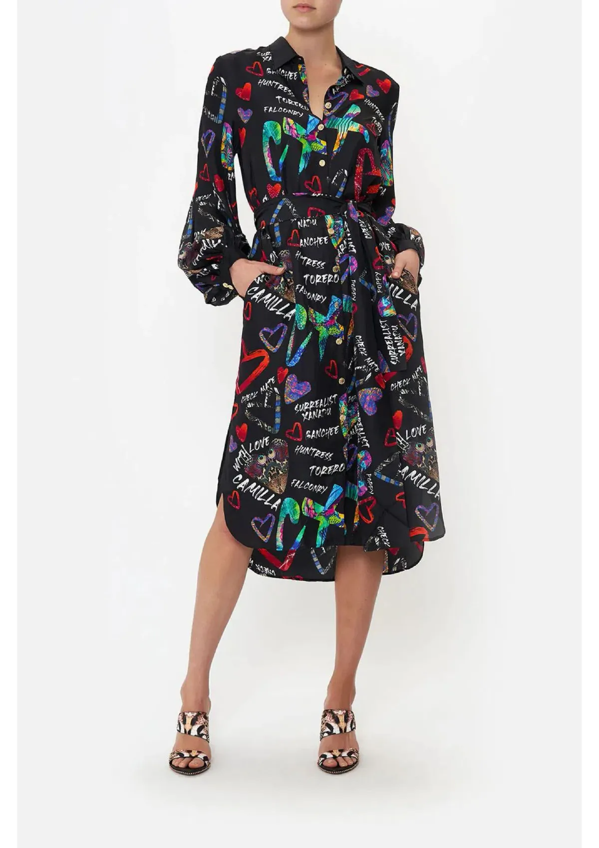 Camilla Tagged Up High Low Midi Shirt Dress Black Print Size M / AU 12 for rent on The Volte - main image