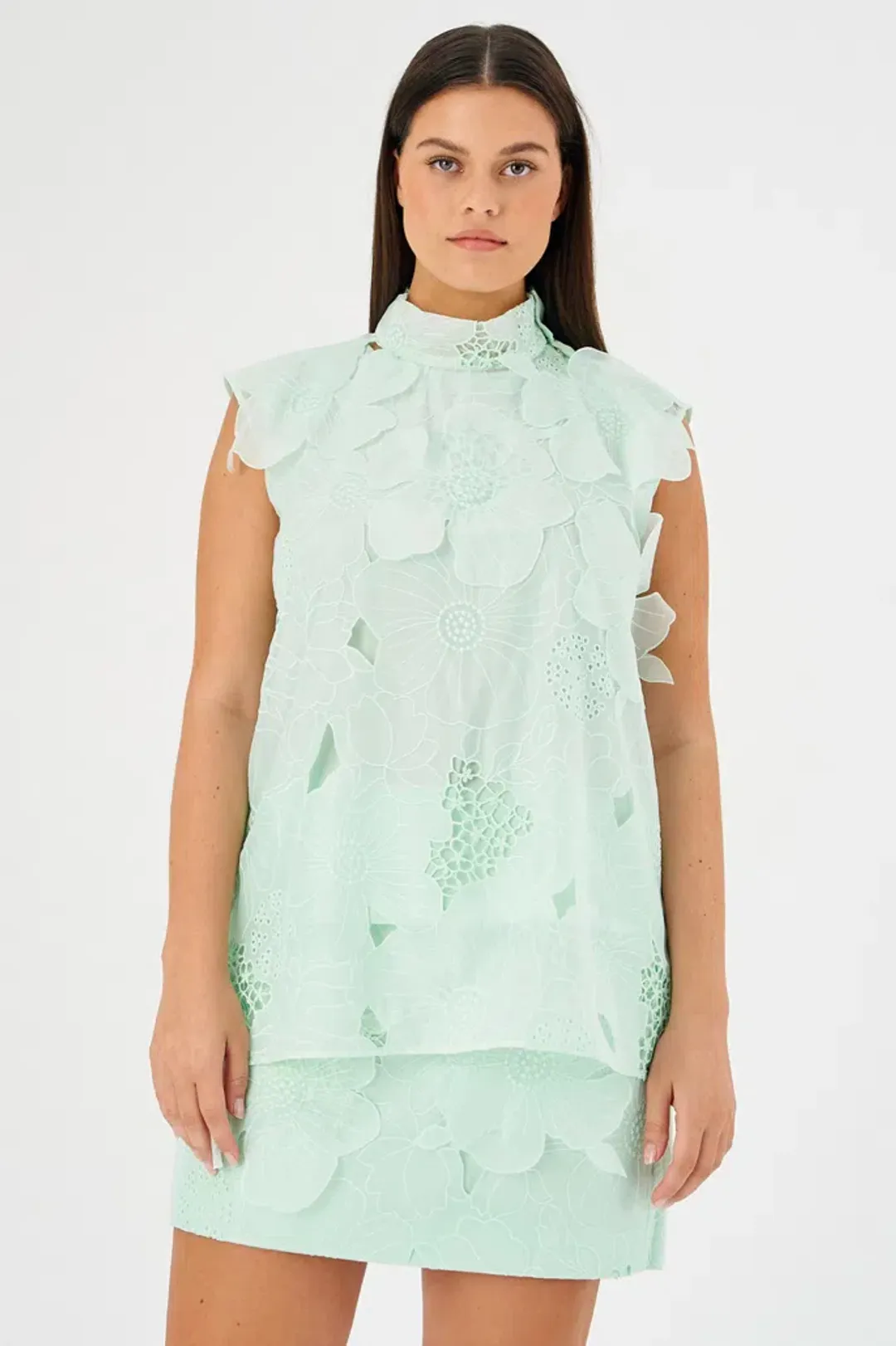Oroton Tie Neck Lace Top Size AU 8 & Lace Mini Skirt Size AU 10 Set Sea Spray for rent on The Volte - main image