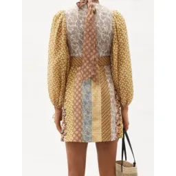 Zimmermann High Neck Patchwork Linen Mini Dress Brown Stripe Size 1 / AU 10 for rent on The Volte - image 3