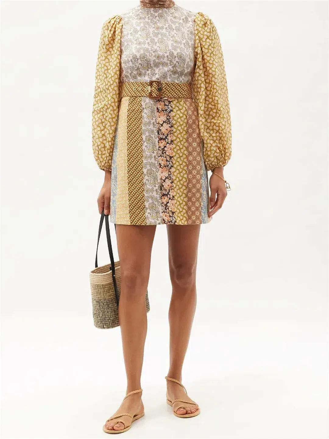 Zimmermann High Neck Patchwork Linen Mini Dress Brown Stripe Size 1 / AU 10 for rent on The Volte - main image