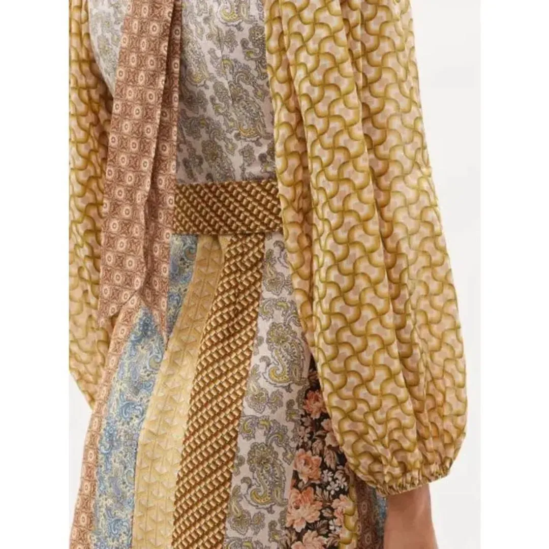 Zimmermann High Neck Patchwork Linen Mini Dress Brown Stripe Size 1 / AU 10 for rent on The Volte - main image