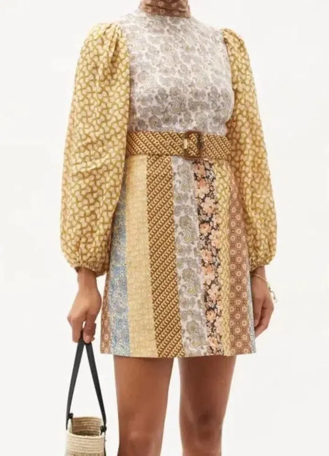 Zimmermann High Neck Patchwork Linen Mini Dress Brown Stripe Size 1 / AU 10 for rent on The Volte - main image