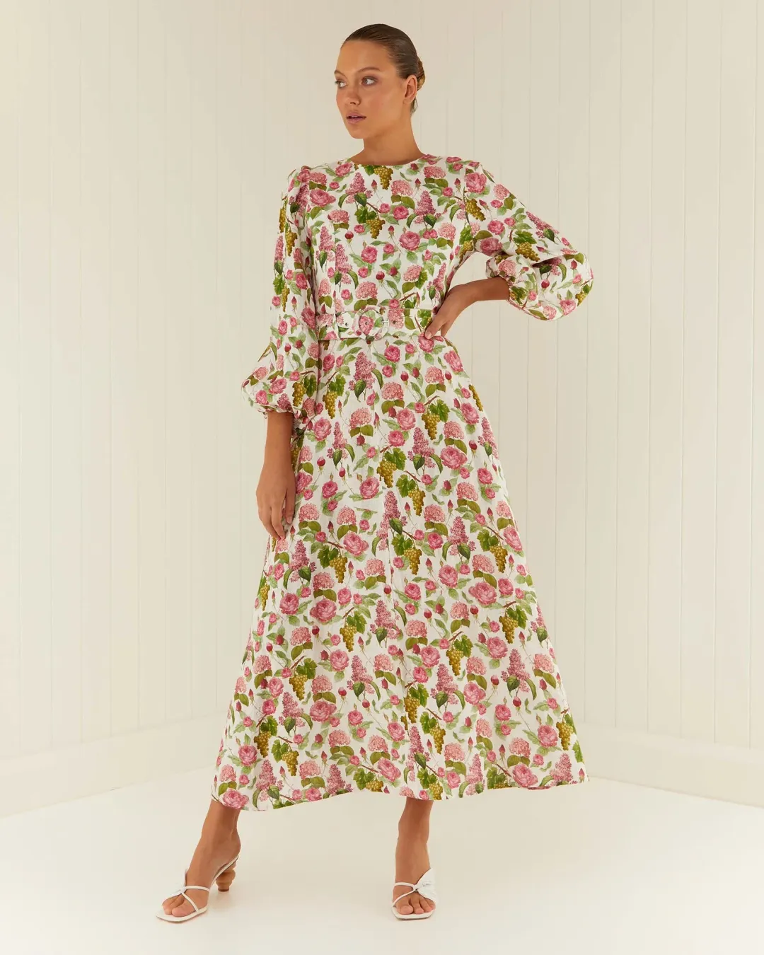 Palm Noosa Melrose Linen Long Sleeve Dress Pink Blooms Print Size 14 for rent on The Volte - main image