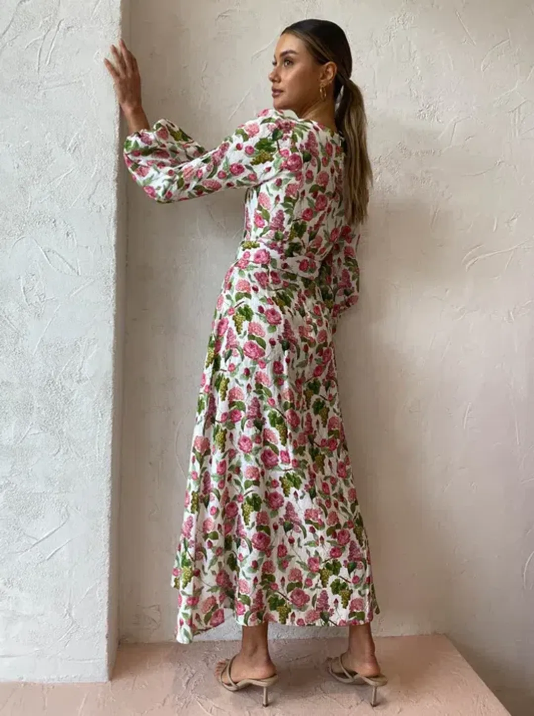 Palm Noosa Melrose Linen Long Sleeve Dress Pink Blooms Print Size 14 for rent on The Volte - main image