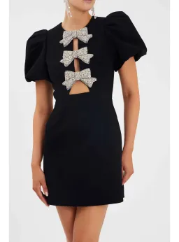 Rebecca Vallance Juliana Puff Sleeve Mini Dress in Black Size AU 8 for rent on The Volte - image 2