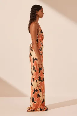 Shona Joy Rosa Silk Plunged Double Strap Maxi Dress Coral Pink Multi Size 10 for rent on The Volte - image 2