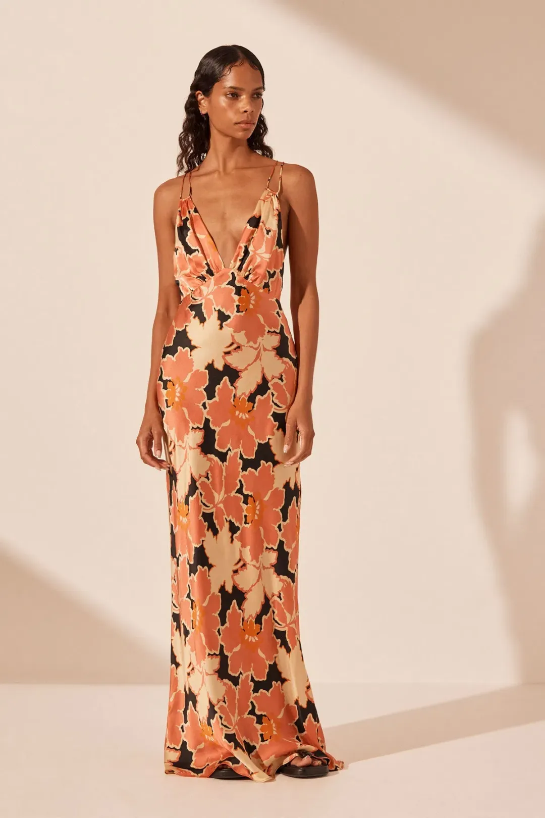 Shona Joy Rosa Silk Plunged Double Strap Maxi Dress Coral Pink Multi Size 10 for rent on The Volte - main image