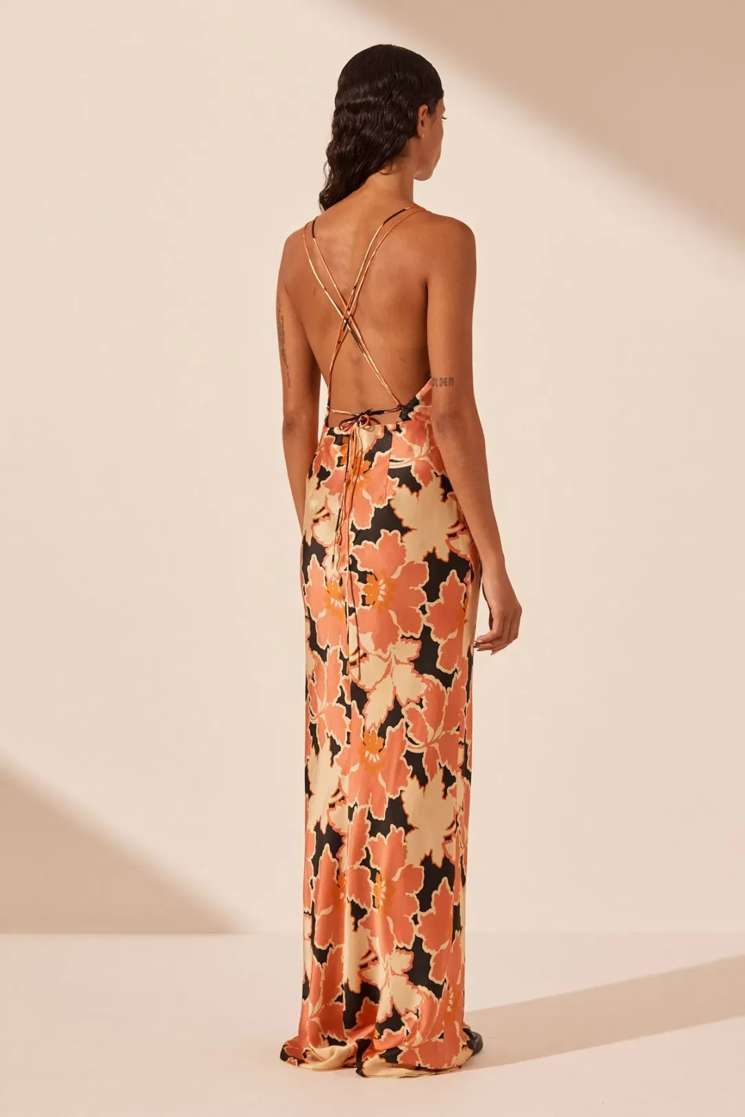 Shona Joy Rosa Silk Plunged Double Strap Maxi Dress Coral Pink Multi Size 10 for rent on The Volte - main image