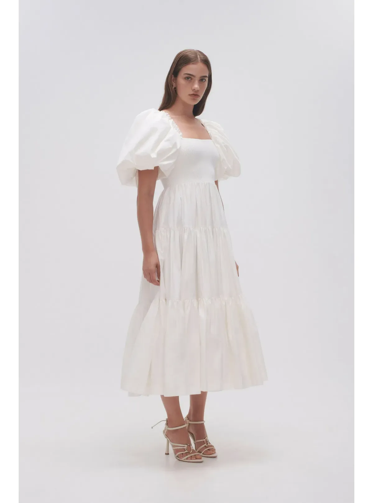 Aje Casa Puff Sleeve Midi Dress Ivory Size AU 10 for rent on The Volte - main image
