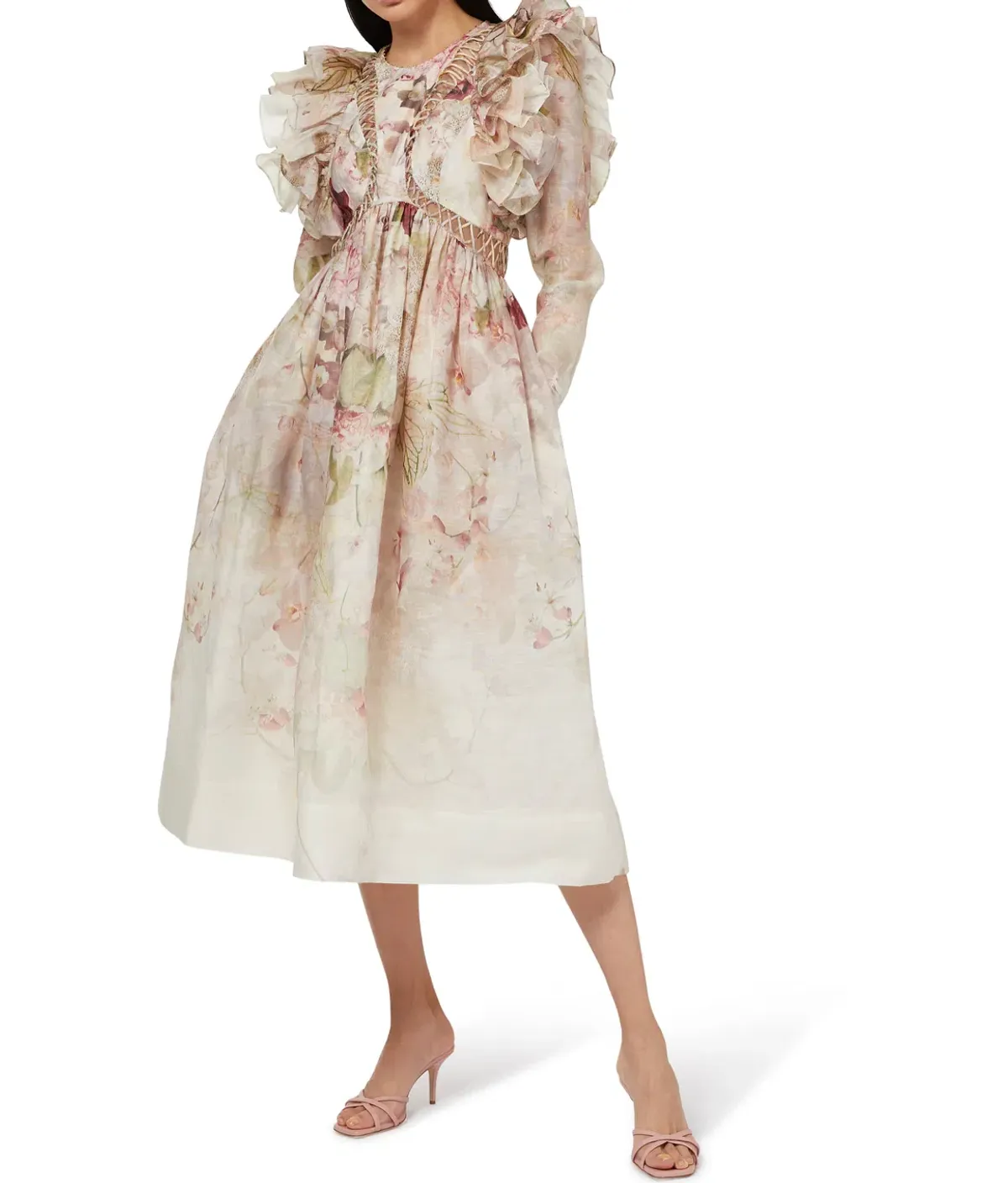 Zimmermann Dancer Laced Midi Dress Alabaster Garden Floral Size 3 / AU 14  for rent on The Volte - main image