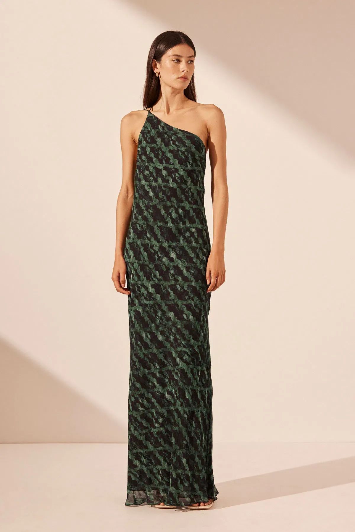Shona Joy Remi One Shoulder Cowl Back Maxi Dress Rosemary/ Black Size 6 for rent on The Volte - main image