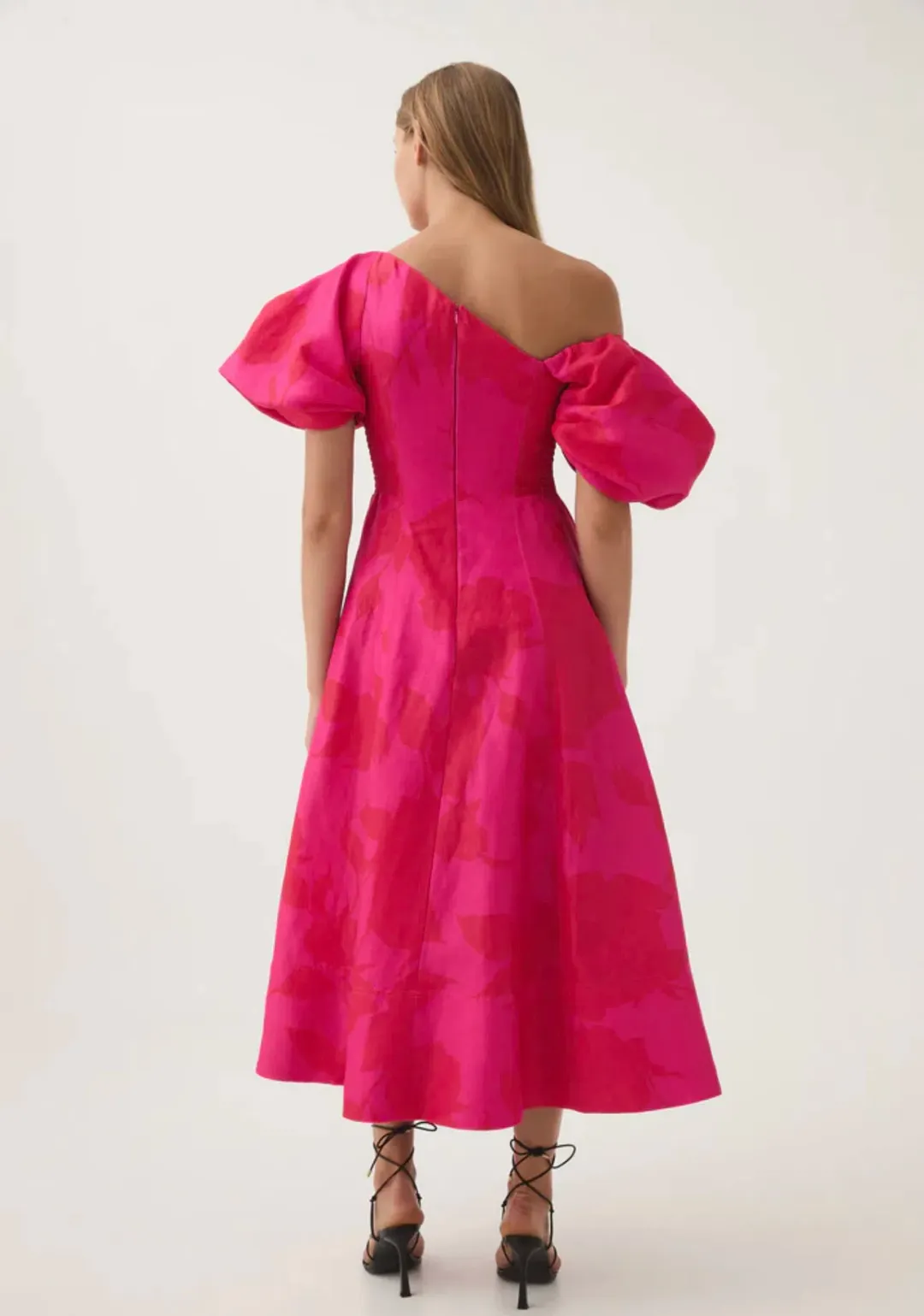 AJE Arista Tulip Sleeve Midi Dress in Florescent Rose Size 12 for rent on The Volte - main image