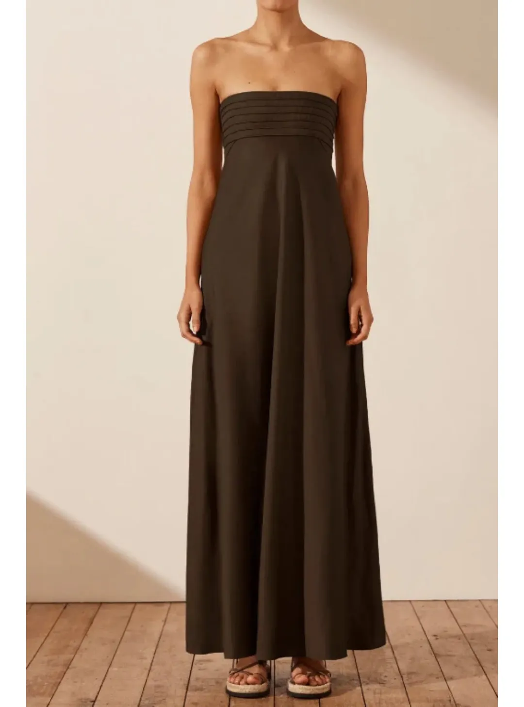 Shona Joy Corded Strapless Maxi Dress Brown Size AU 8 for rent on The Volte - main image