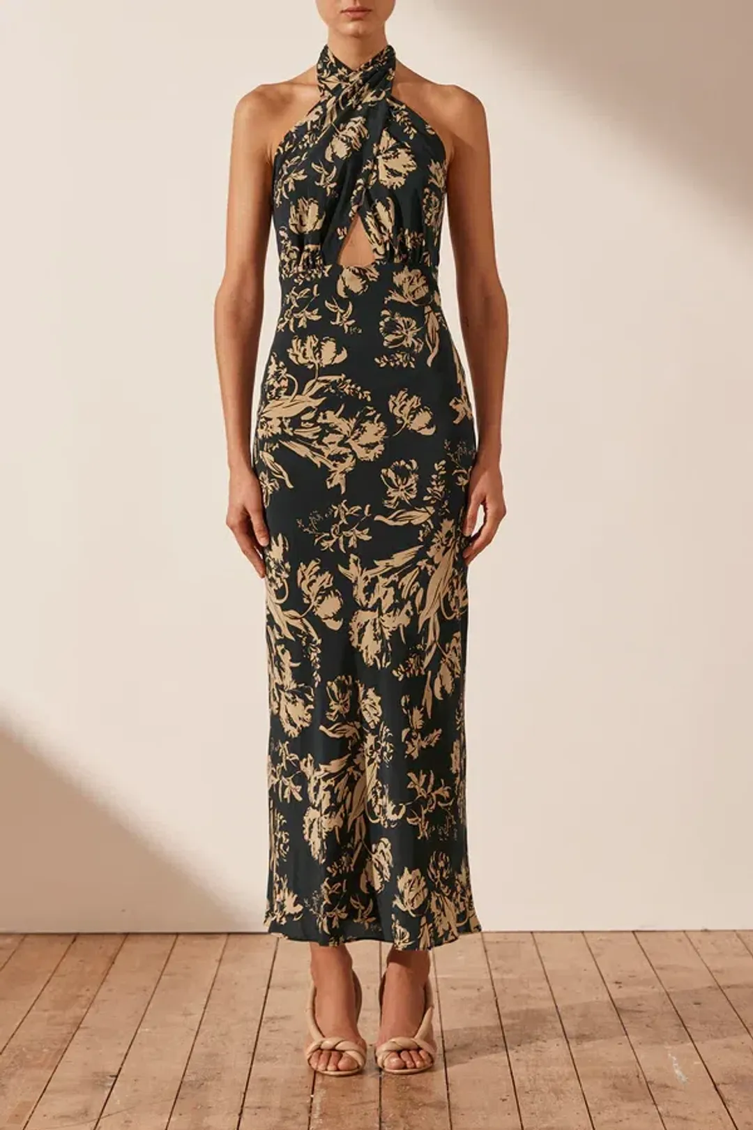 Shona Joy Dawn Silk Cross Front Halter Bias Midi Dress Floral Size 8 for rent on The Volte - main image