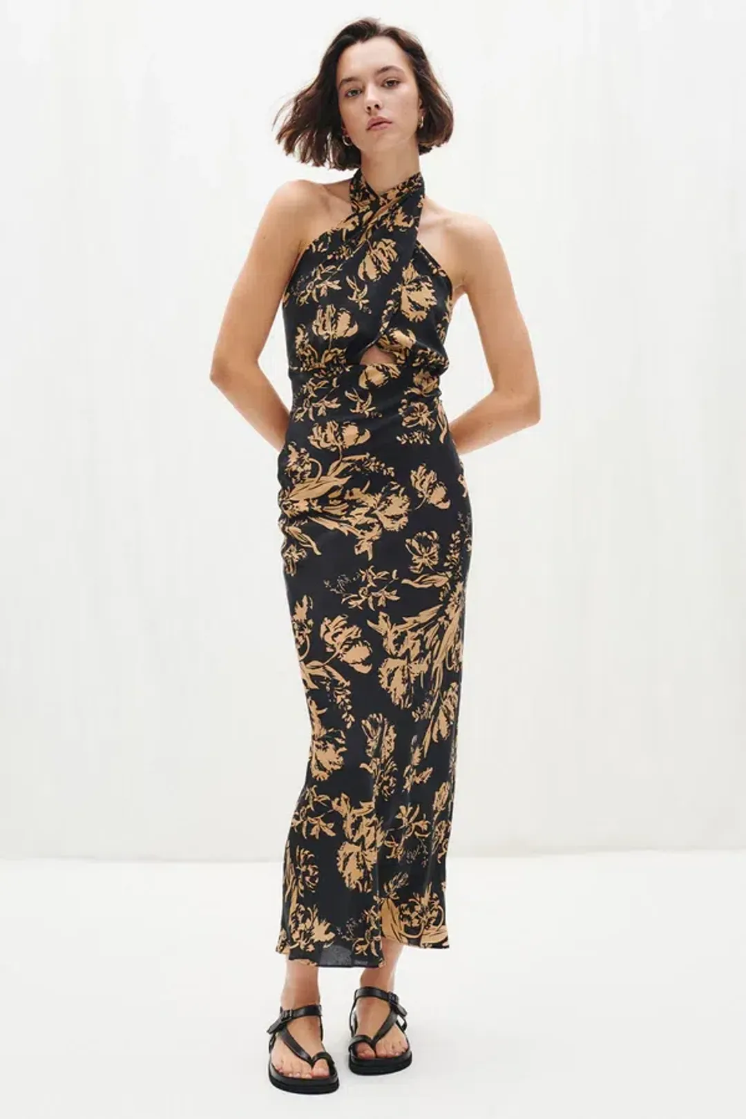 Shona Joy Dawn Silk Cross Front Halter Bias Midi Dress Floral Size 8 for rent on The Volte - main image