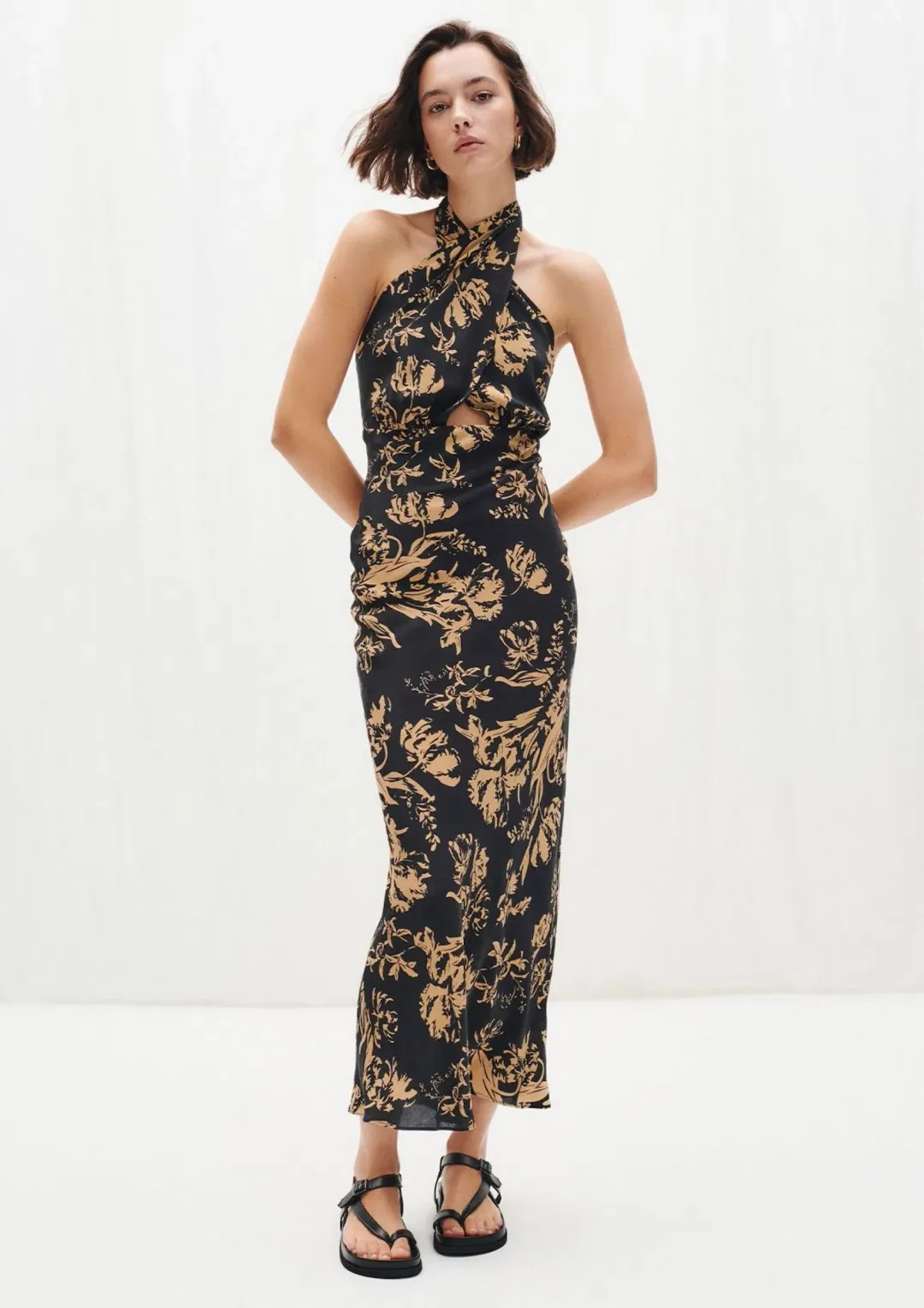 Shona Joy Dawn Silk Cross Front Halter Bias Midi Dress Floral Size 8 for rent on The Volte - main image