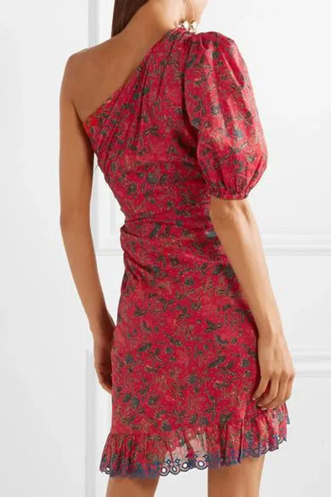  Isabel Marant Etoile Esther One Shoulder Mini Dress in Red Print Size 8 for rent on The Volte - main image