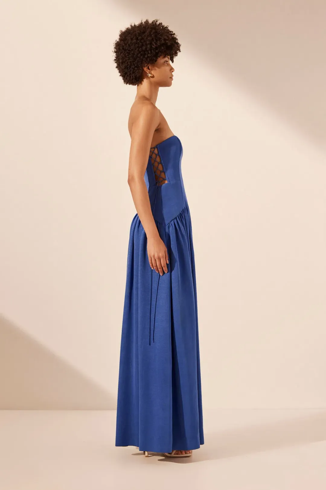 Shona Joy Vento Lace Up Strapless Maxi Dress Cobalt Blue Size 12  for rent on The Volte - main image