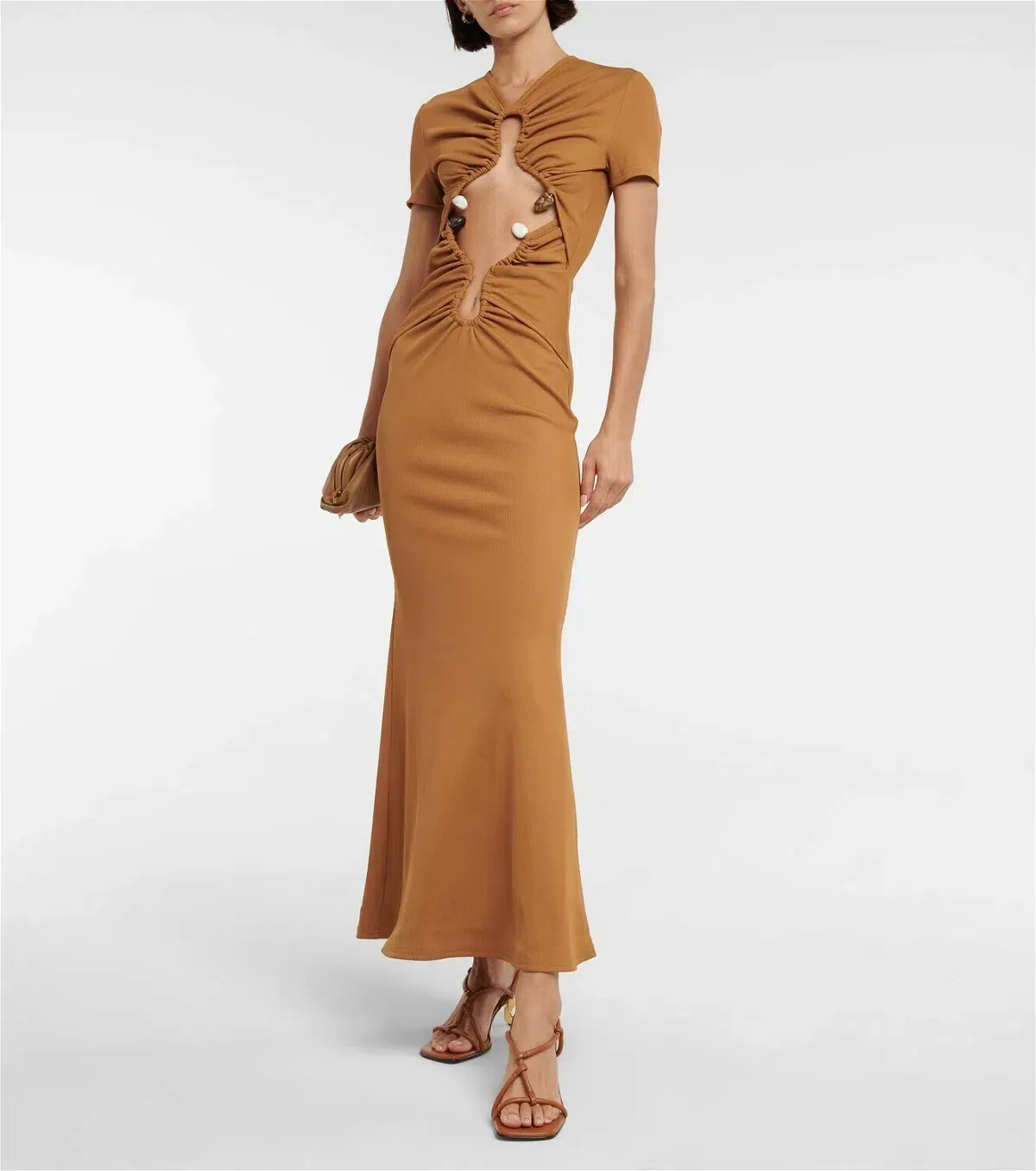 Christopher Esber Dual Quartz Multiruched Tee Dress Tan Size AU 8 for rent on The Volte - main image