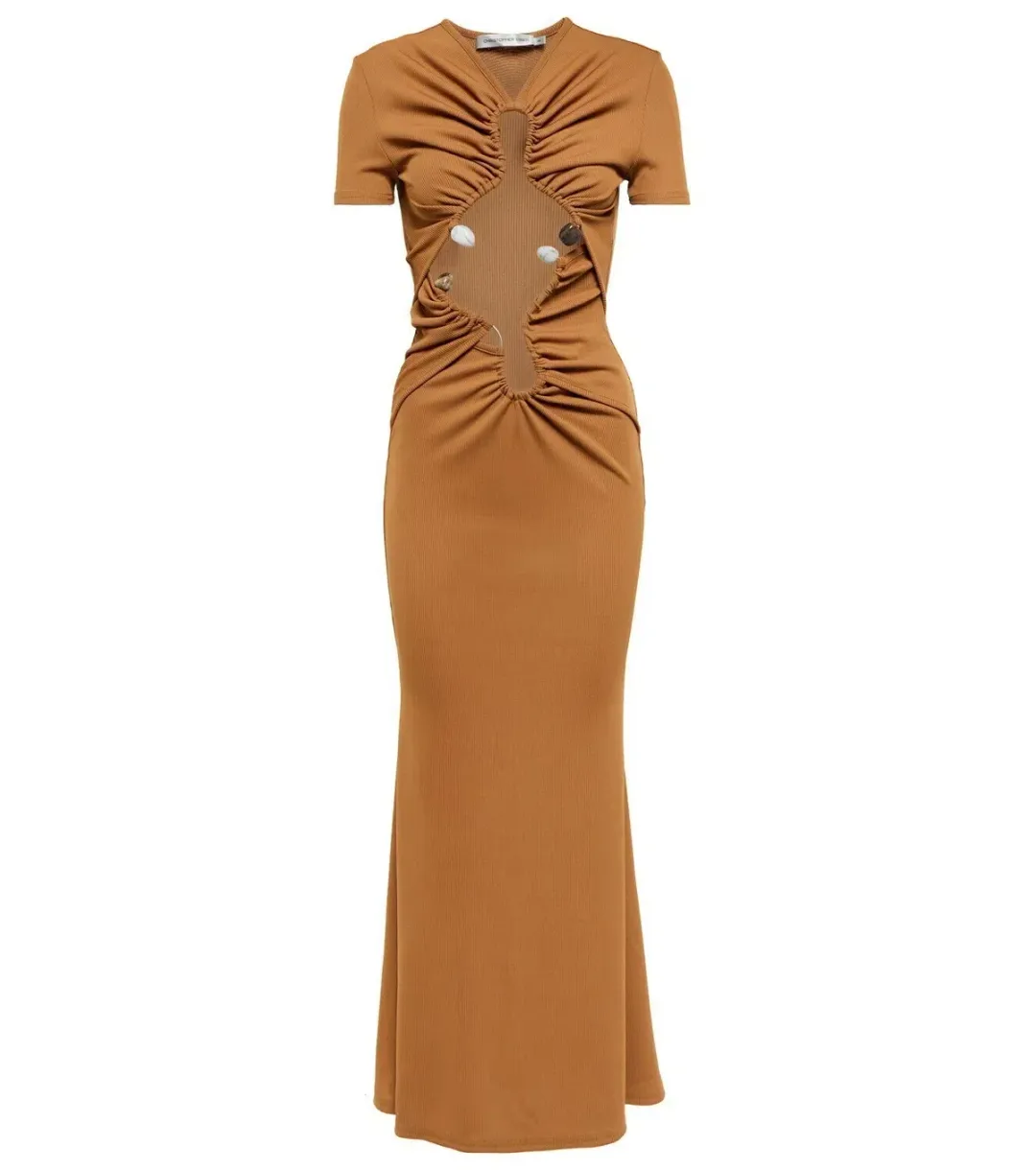 Christopher Esber Dual Quartz Multiruched Tee Dress Tan Size AU 8 for rent on The Volte - main image