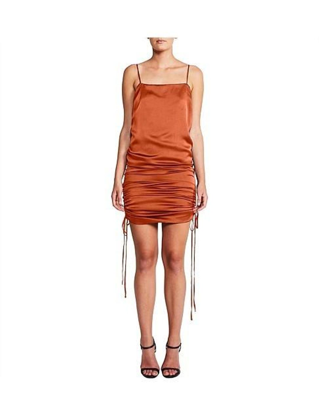 Shona Joy Satin Ruched Dress Rust Size 6 for rent on The Volte - main image