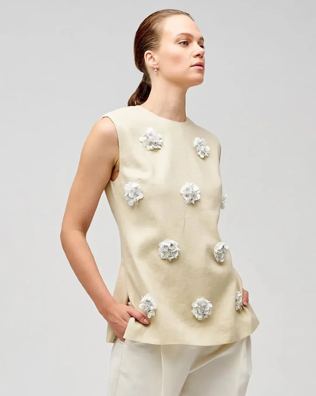 Oroton Flower Sequin Tunic Limestone Size 6 for rent on The Volte - main image