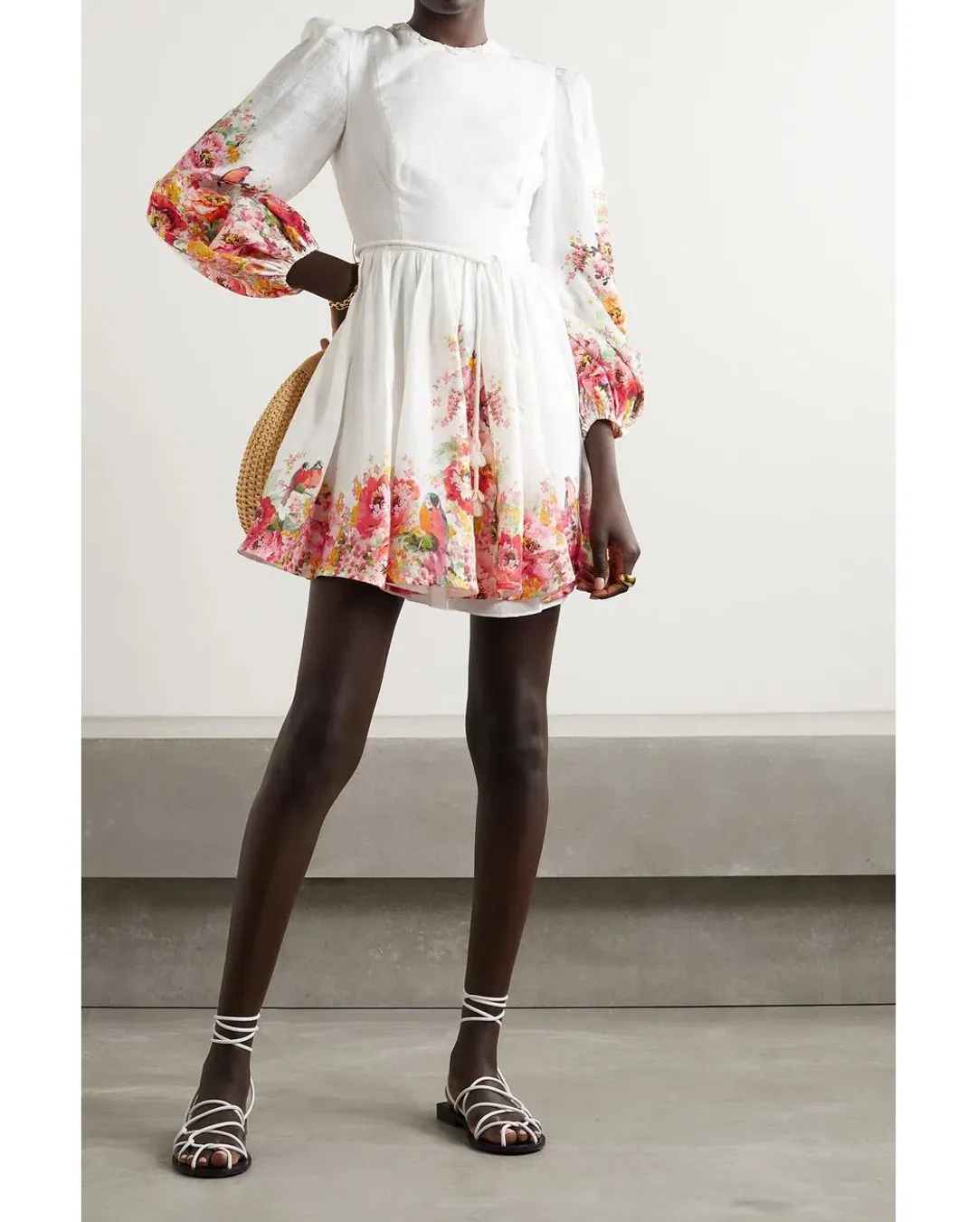 Zimmermann Mae Embellished Floral Print Linen Mini Dress Ivory Size 0P / AUS 6P for rent on The Volte - main image