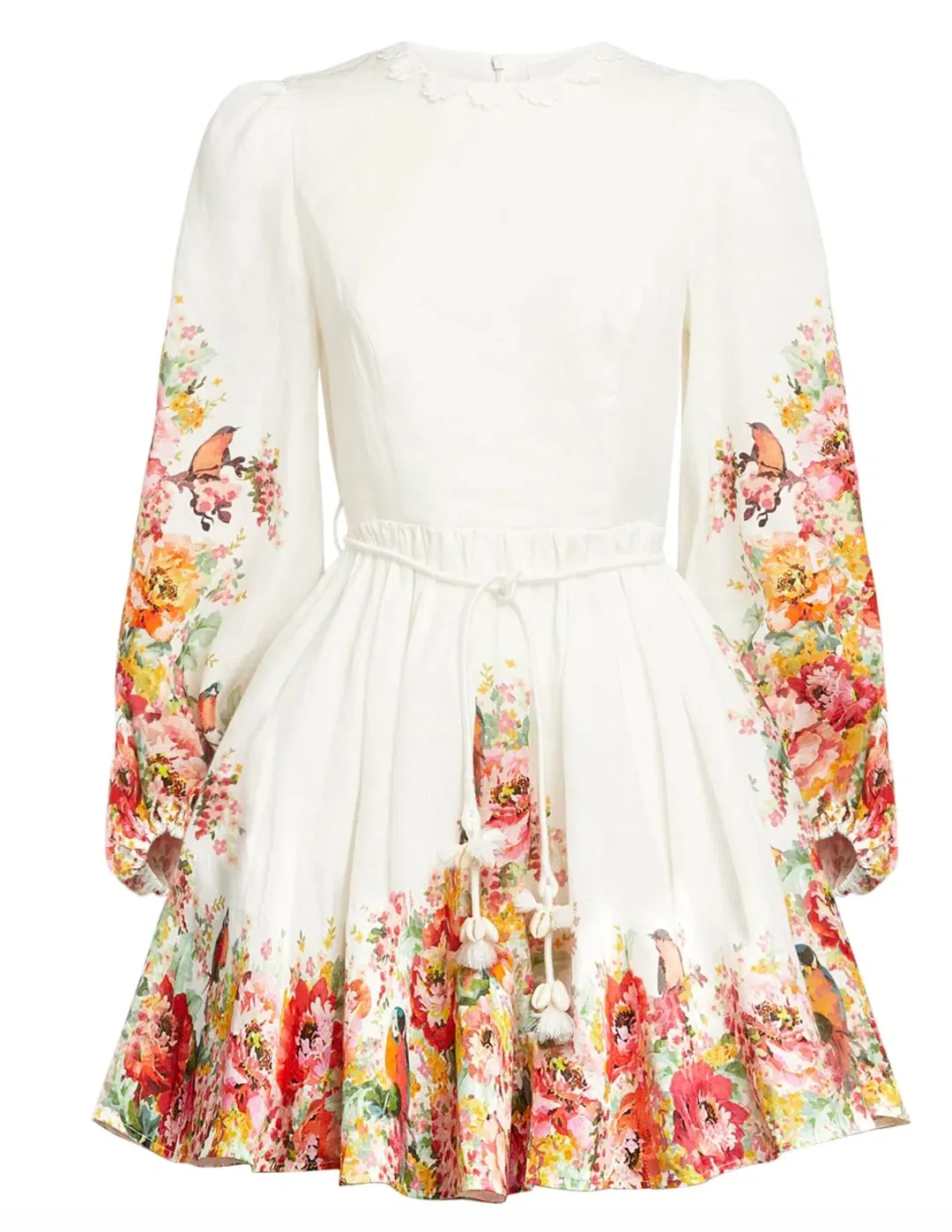 Zimmermann Mae Embellished Floral Print Linen Mini Dress Ivory Size 0P / AUS 6P for rent on The Volte - main image