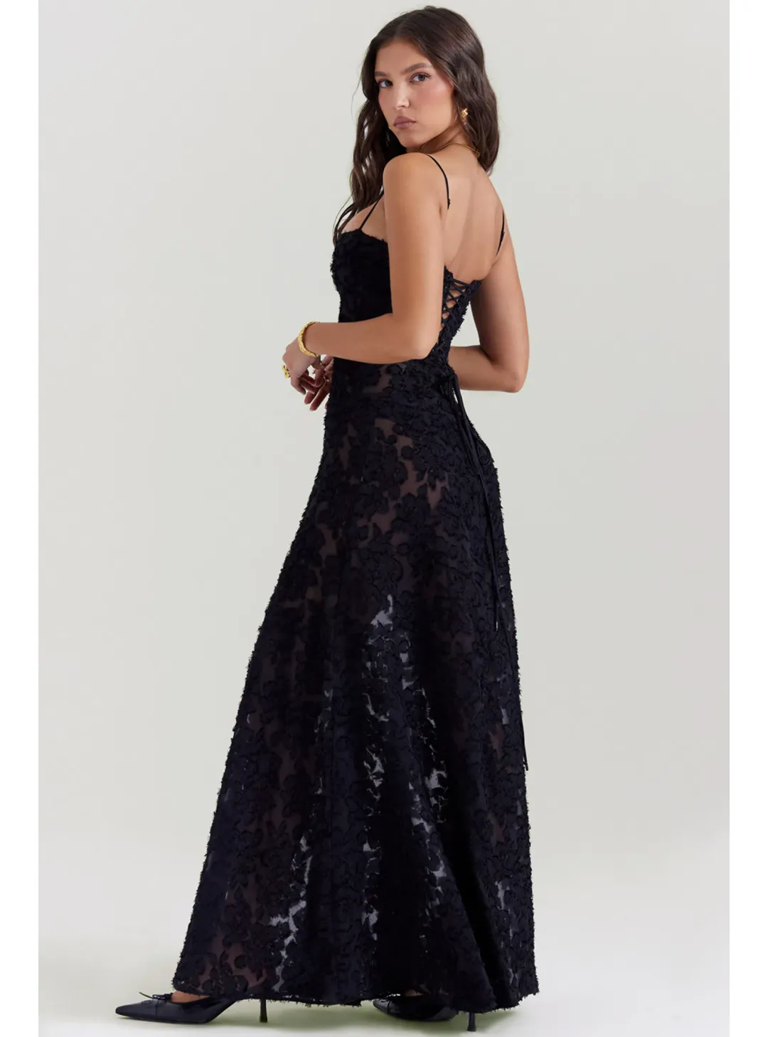 House Of CB Seren Lace Back Maxi Dress Black Floral Size M / AU 10 for rent on The Volte - main image