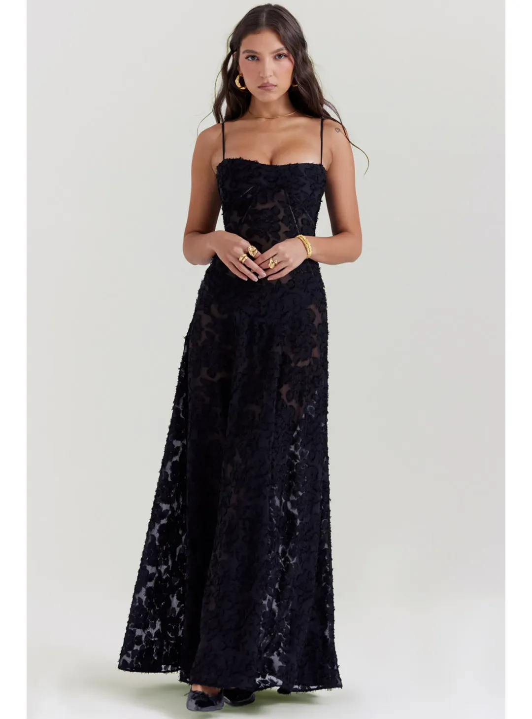 House Of CB Seren Lace Back Maxi Dress Black Floral Size M / AU 10 for rent on The Volte - main image