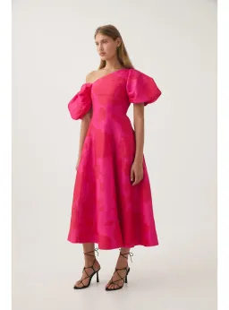 Aje Arista Tulip Sleeve Midi Dress Fluorescent Rose Size AU 10  for rent on The Volte - image 2