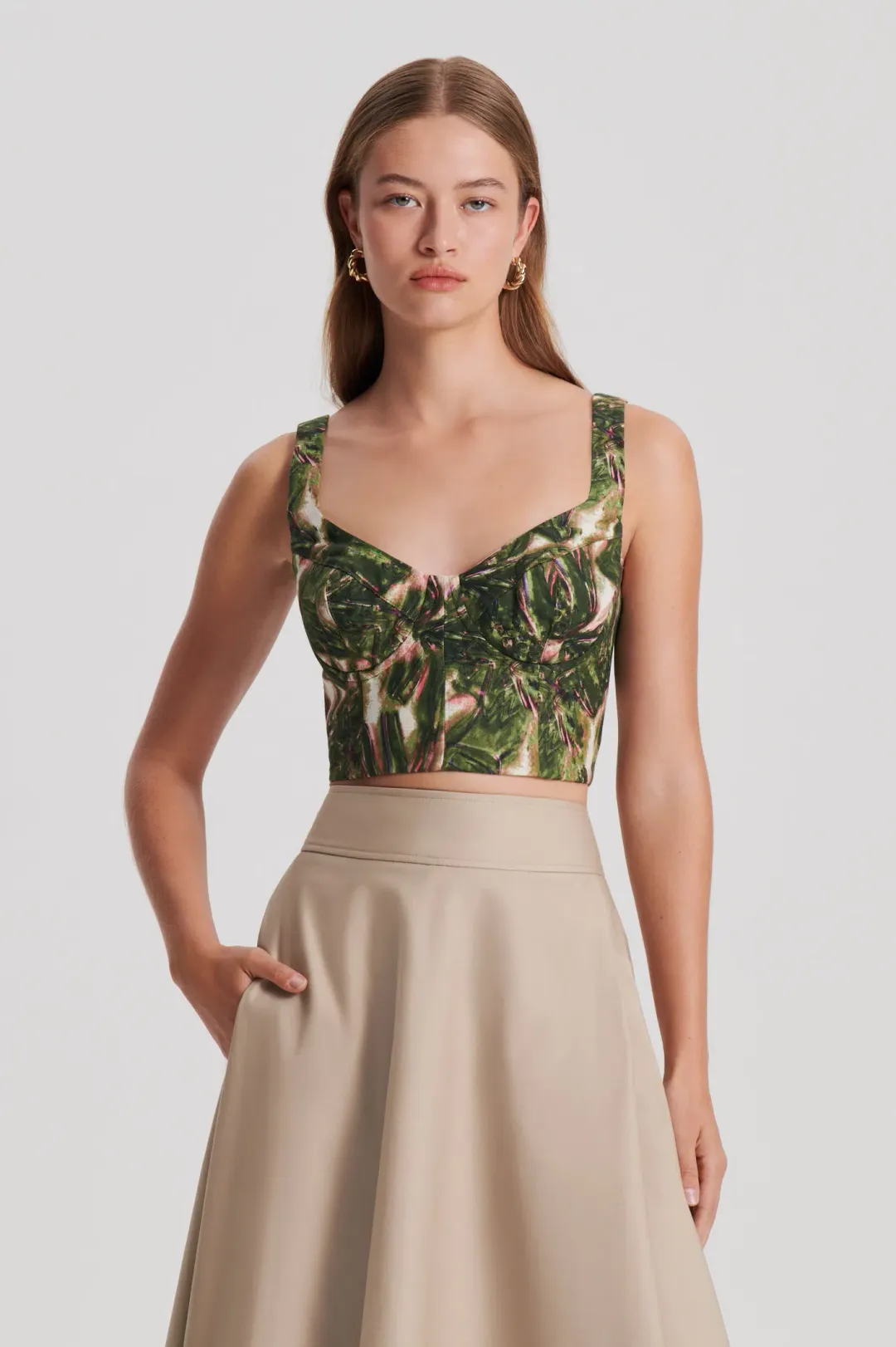 Scanlan Theodore Italian Printed Linen Bralette in Size 10 & Trouser in Size 8 Set Khaki for rent on The Volte - main image