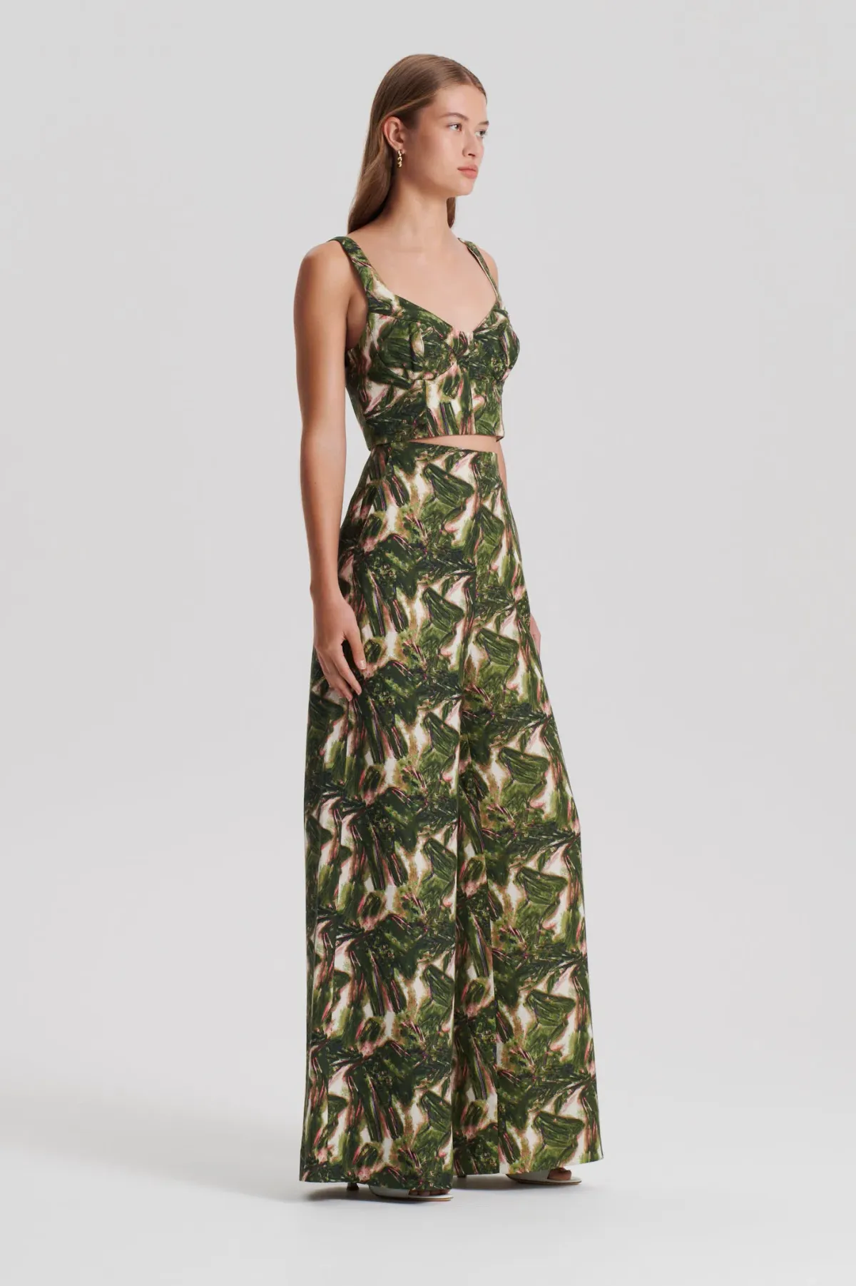 Scanlan Theodore Italian Printed Linen Bralette in Size 10 & Trouser in Size 8 Set Khaki for rent on The Volte - main image