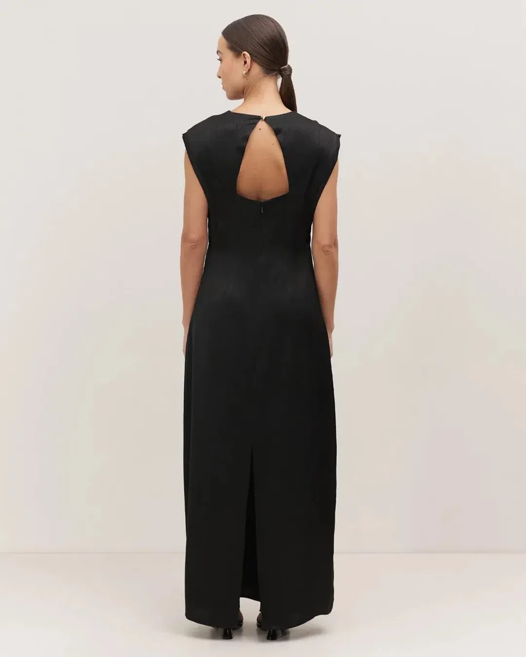 Minima Esenciales Lillian Linear Satin Maxi Dress Black Size 10 for rent on The Volte - main image
