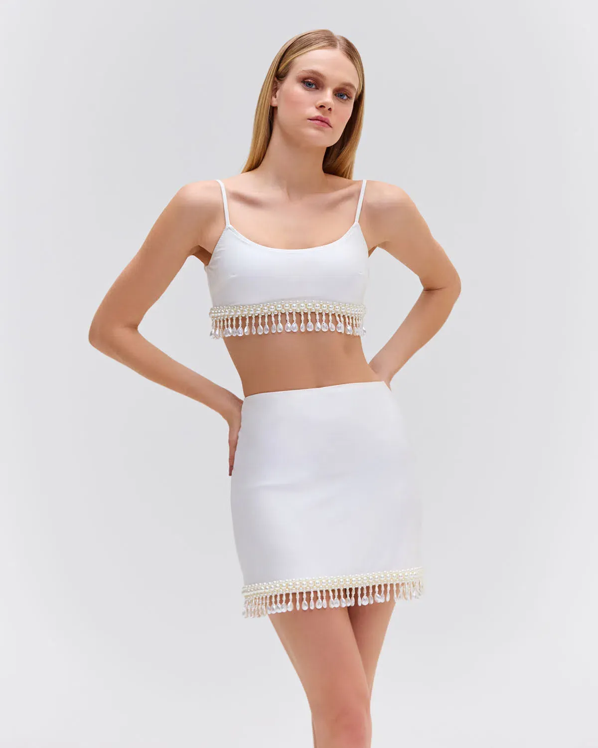 PatBO Beaded Mini Skirt White Size 8 for rent on The Volte - main image