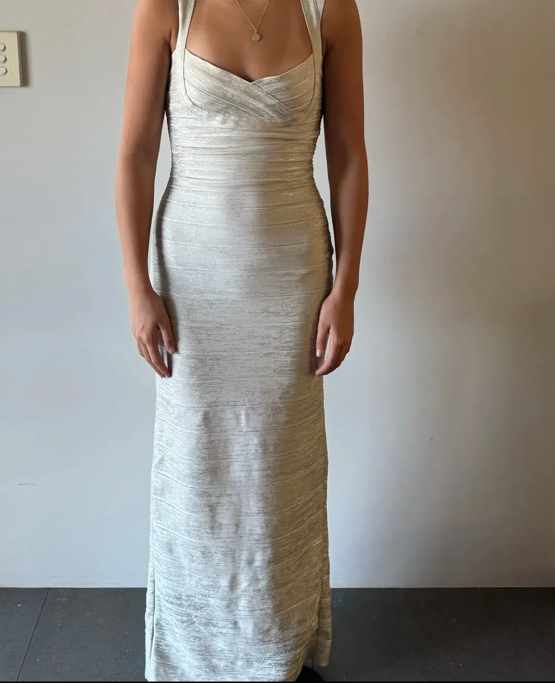 Herve Leger Sweetheart Banded Foil Gown Silver in Size XS/AU 6 for rent on The Volte - main image