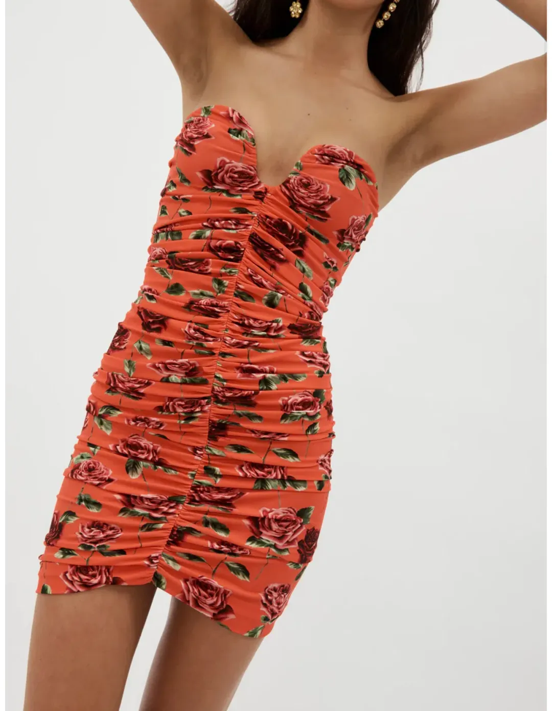 Magda Butrym Ruched Bustier Mini Dress Rose Print Size 8 for rent on The Volte - main image