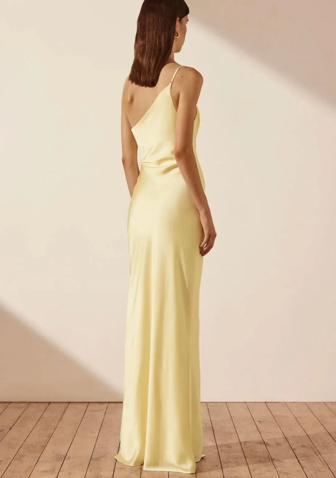 Shona Joy Luxe Asymmetrical Gathered Maxi Dress in Lemon Size 12  for rent on The Volte - main image