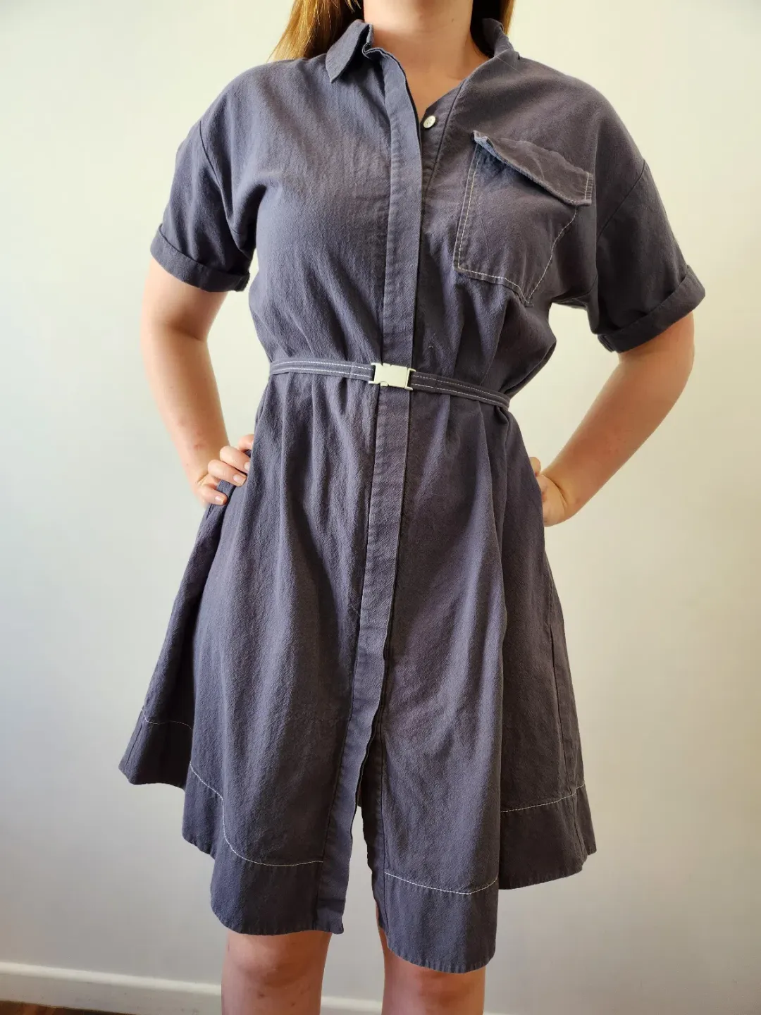 Cue Button Up Dress with Belt Navy Size 8 for rent on The Volte - main image