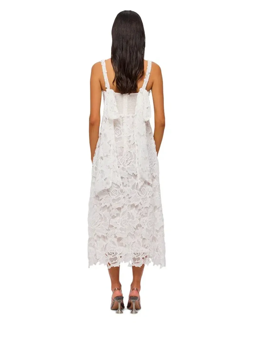 Leo Lin Iris Lace Ruched Bust Midi Dress White Size 8 for rent on The Volte - main image