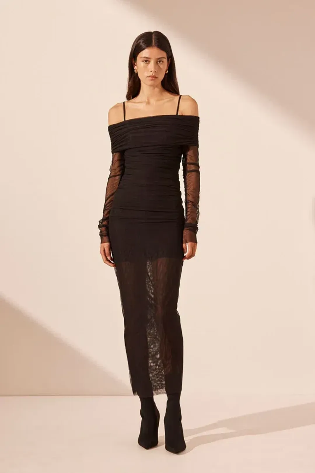Shona Joy Mira Long Sleeve Off Shoulder Midi Dress Black Size 8 for rent on The Volte - main image