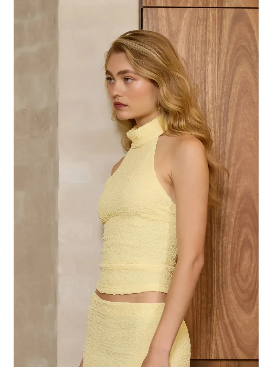 With Harper Lu Textured Halter Set in Limoncello Size AU 8 for rent on The Volte - main image