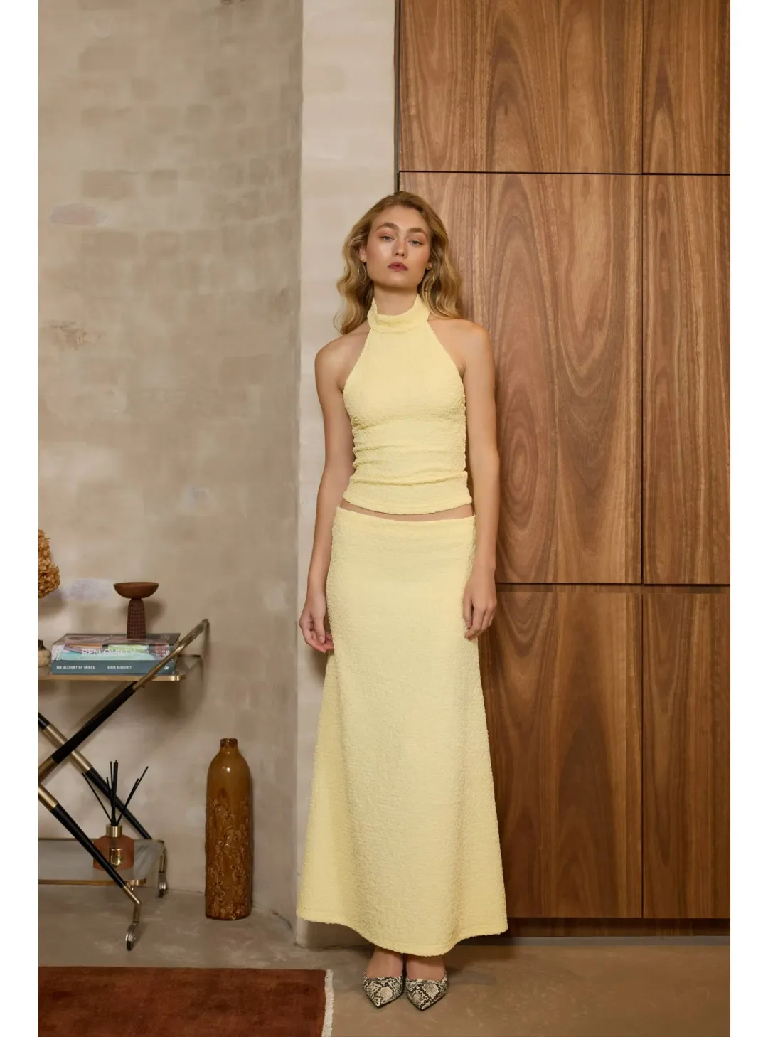 With Harper Lu Textured Halter Set in Limoncello Size AU 8 for rent on The Volte - main image