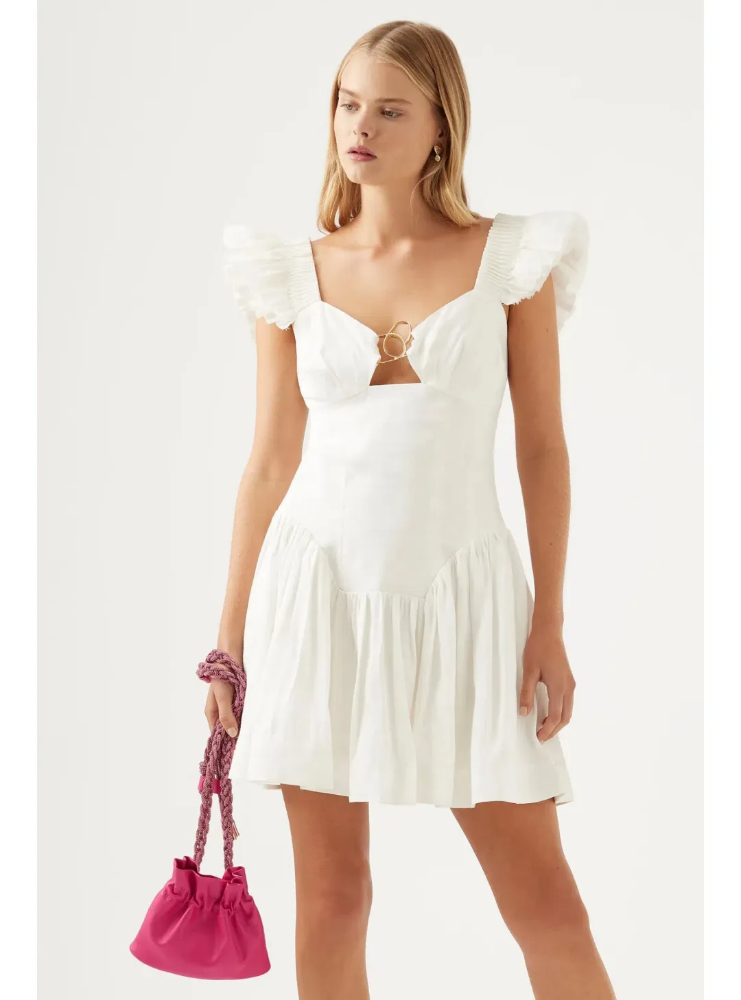Aje Simone Frill Sleeve Dress Ivory Size AU 6 for rent on The Volte - main image
