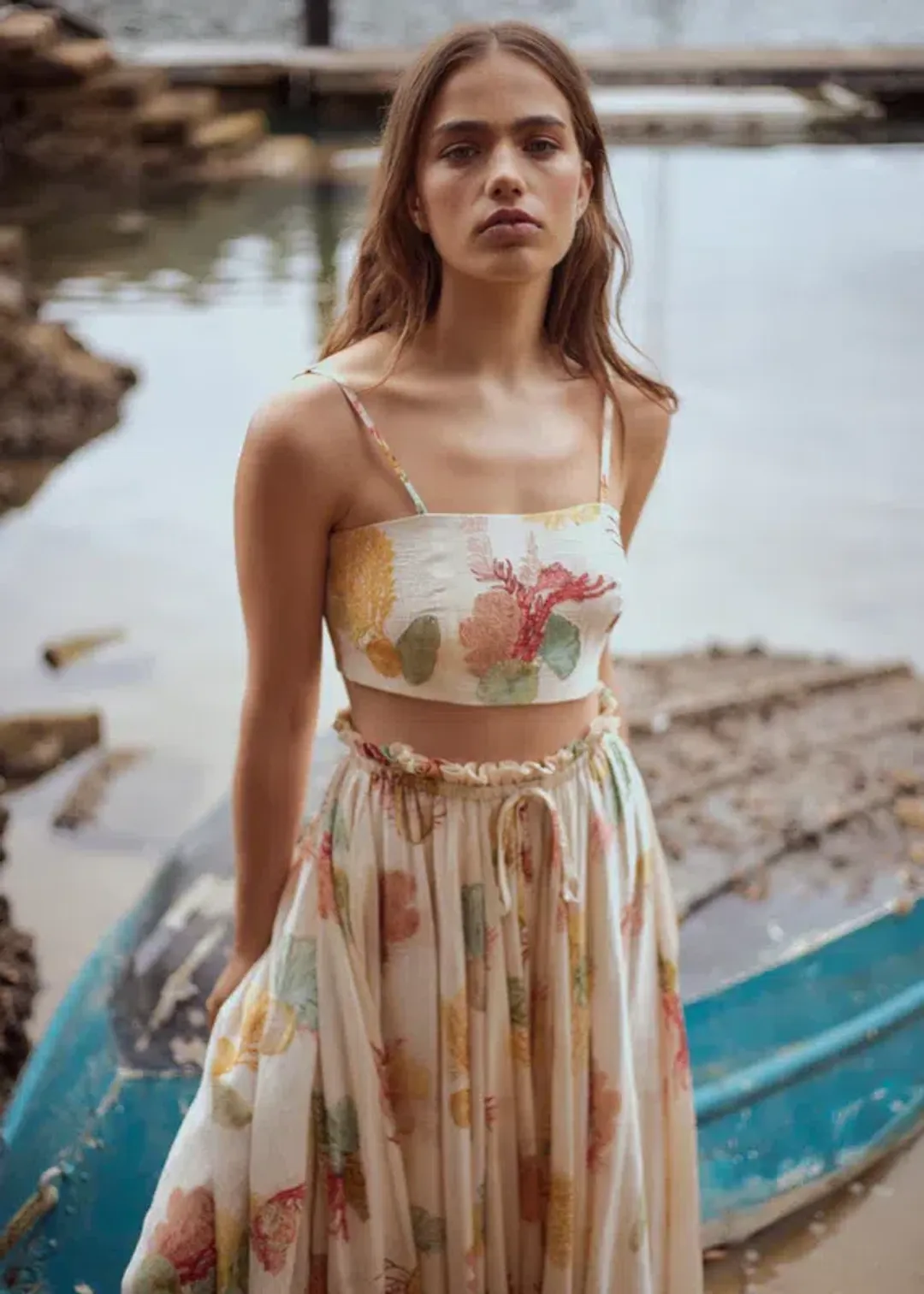 ROOH Collective Summer Crop and Maxi Skirt Set in La Mer Print Size S / AU 8 for rent on The Volte - main image