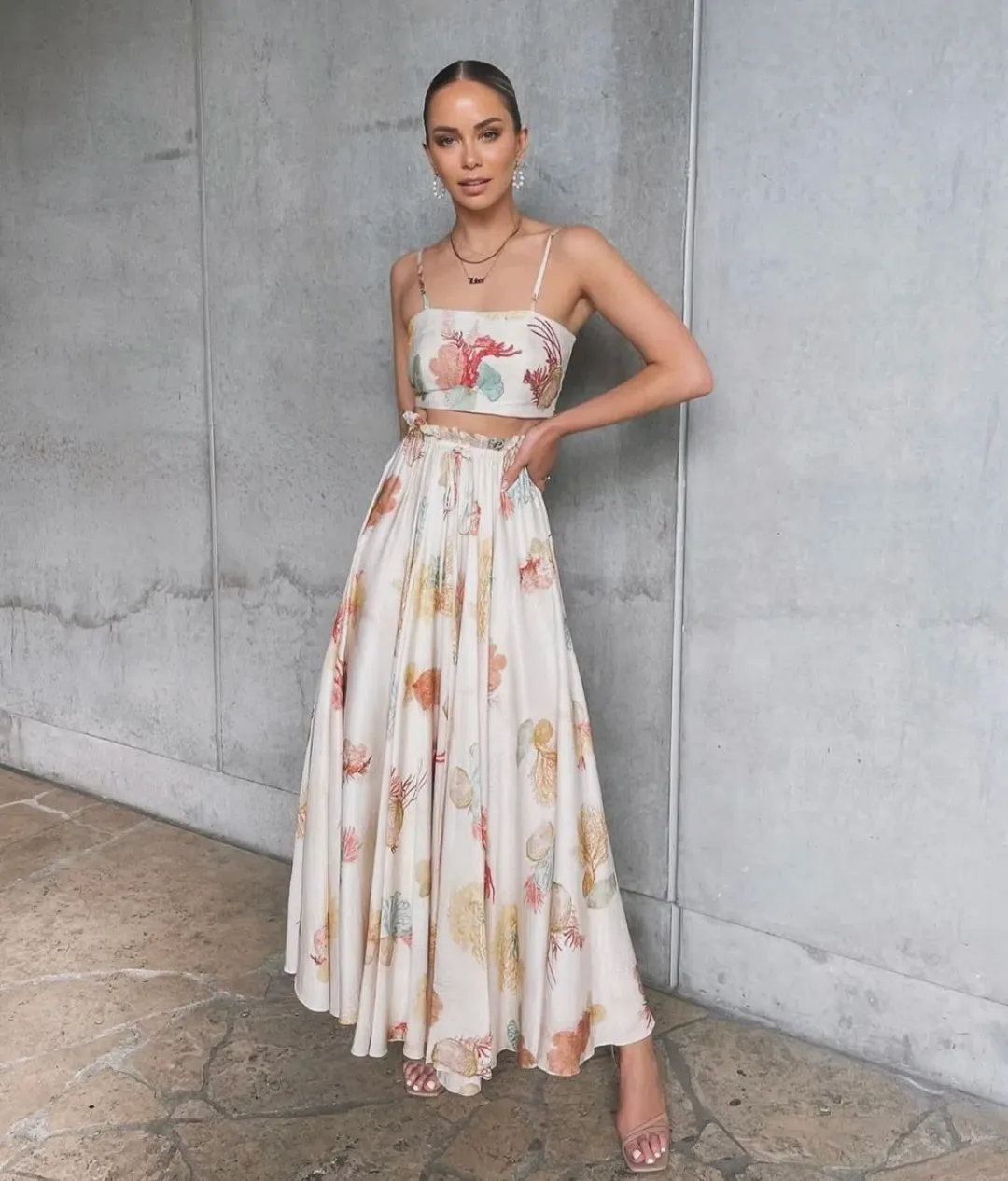 ROOH Collective Summer Crop and Maxi Skirt Set in La Mer Print Size S / AU 8 for rent on The Volte - main image