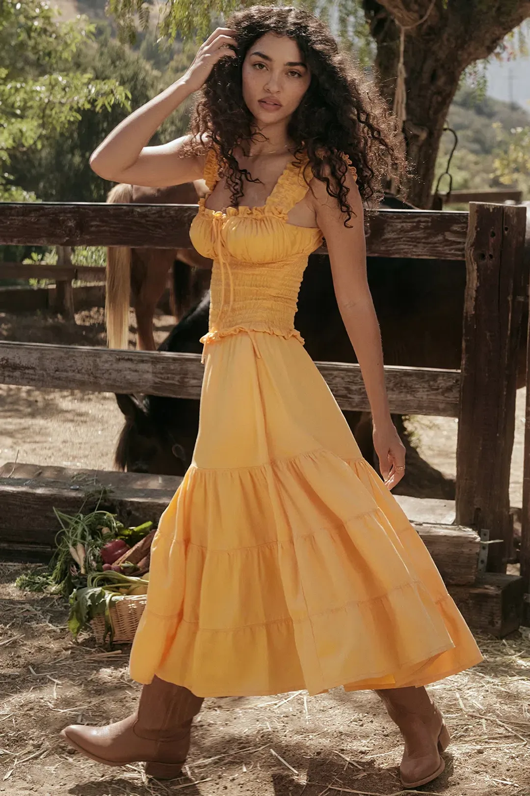 House Of CB Phedra Shirred Sundress Apricot SIze 8 for rent on The Volte - main image