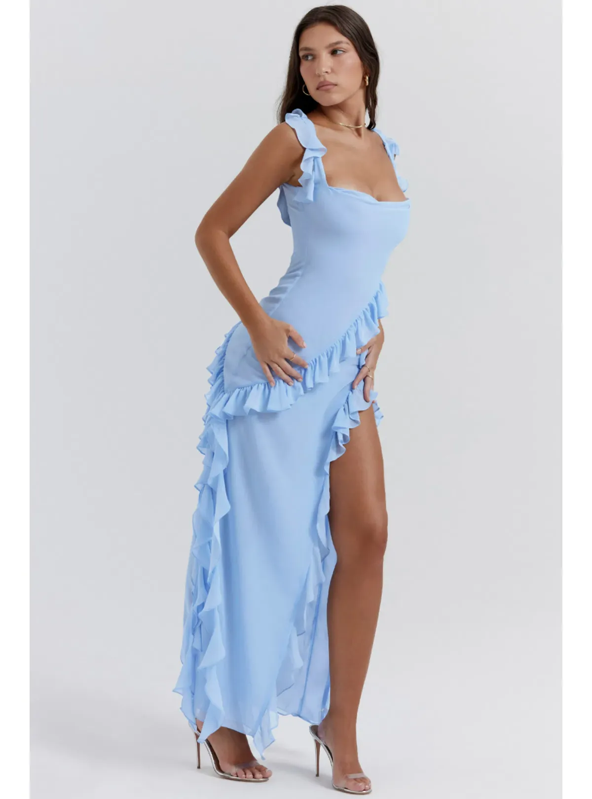 House of CB Ariela Ruffle Maxi Dress in Soft Blue Size S / AU 8 for rent on The Volte - main image